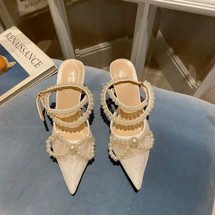 

Female Sandals Spring Summer 2021 New Pointed White Pearl High Heeled Mesh Air Shoes Lace Slim HEEL SHOES BRIDAL Beautiful Shoe