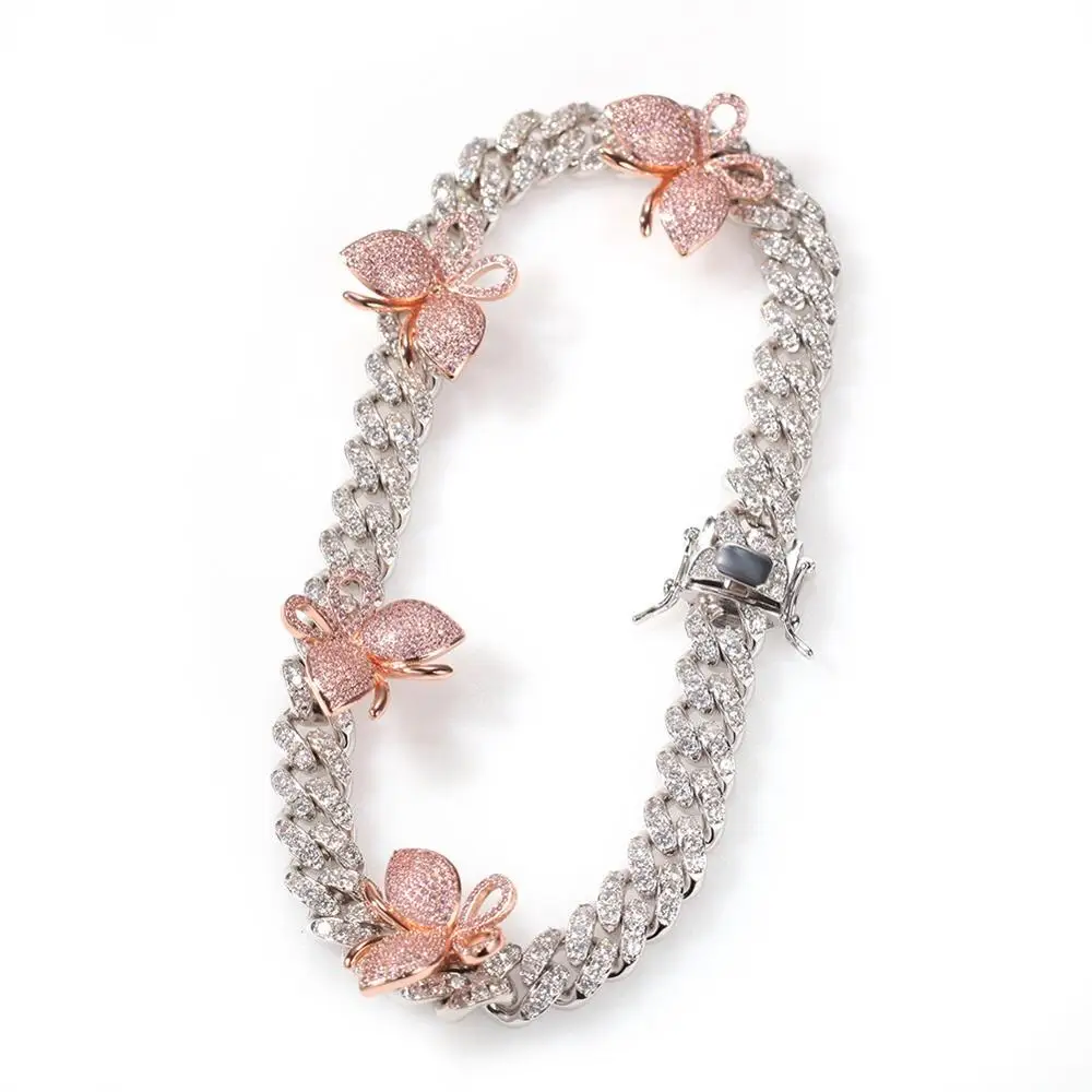 

12mm Cuban Pink Butterfly Necklace Micro Pave CZ Cuban Link chain custom Color Luxury Bling Jewelry For Men Women Gift hip hop