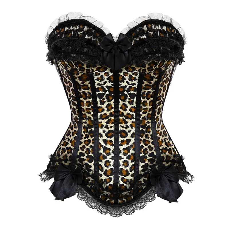 

Sexy Satin Lace Overlay Corsets and Bustiers Victorian Leopard Overbust Corselet Lingerie Top Vintage Showgirl Bodyshaper S-6XL