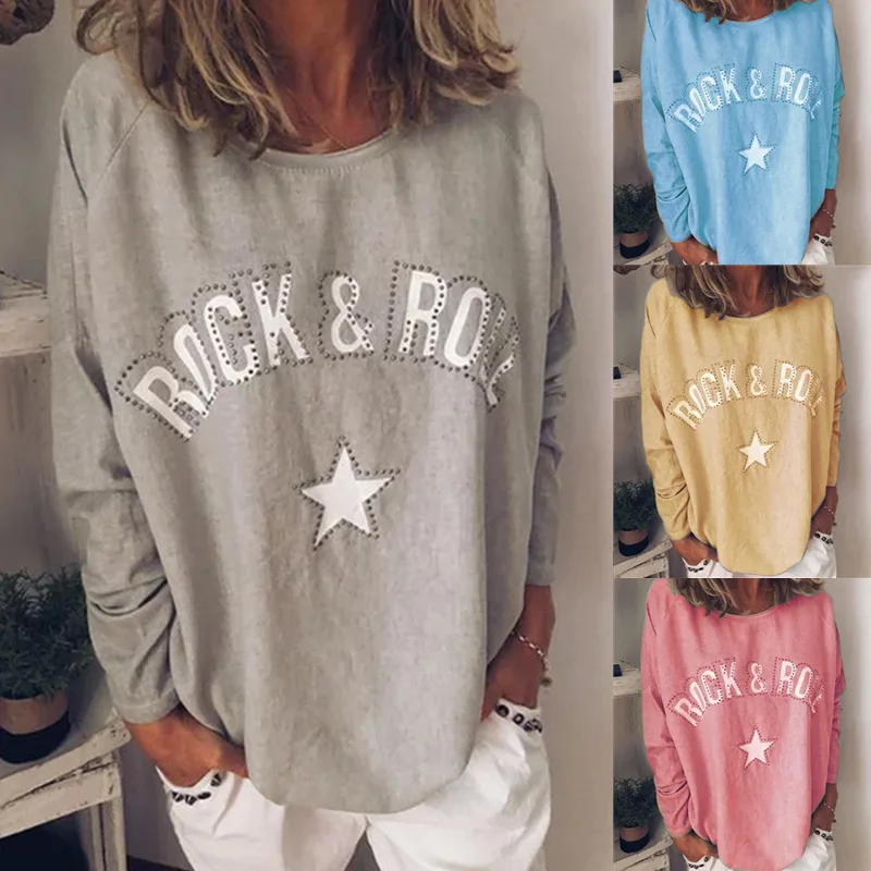 Vintage Harajuku Outwear T-Shirts For Women 2019 Autumn Winter Rhinestone Letter Printed Solid T-Shirt Casual Tees Top Femme | Женская