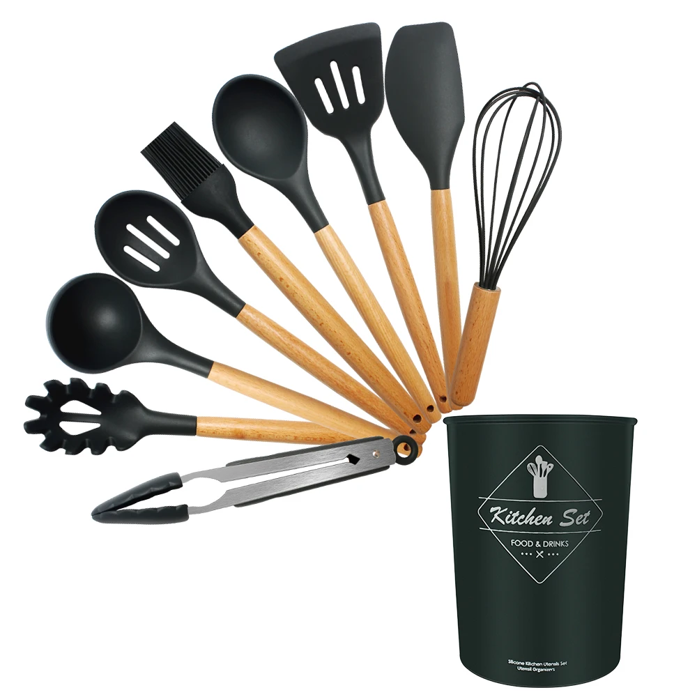 

Silicone Spatula Kitchen Set Shovel Cooking Utensils Wooden Handle Kitchenware Turners Kit Baking Tools with Bucket