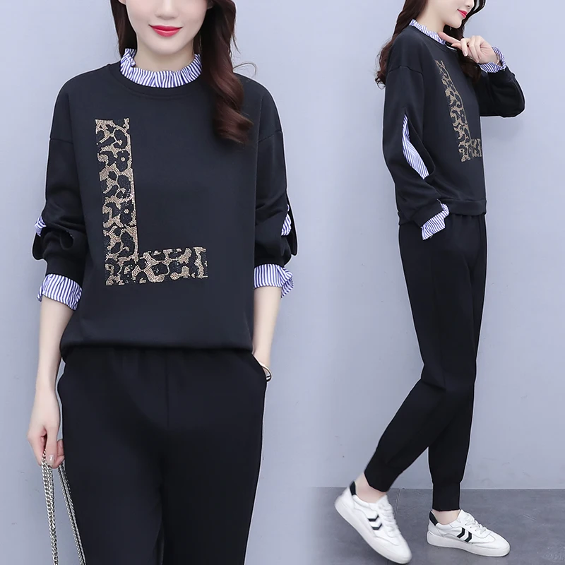 

Fashion Patchwork 2 Piece Sets Women Casual Sportswear Suit Loose Black Leopard Tops + Long Pants Two Piece Outfits Clothes 2021