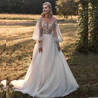 sexy v neck wedding dress 2022 puff sleeve lace appliques backless a line bridal gowns illusion button back robe de mari%c3%a9e tulle