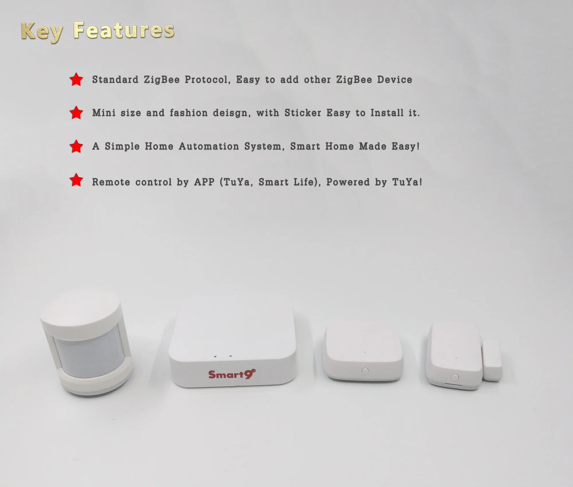 Smart9 SmartHome Kit-B Mini TuYa ZigBee концентратор+ PIR+ дверь+ датчик температуры, Smart Life App пульт дистанционного управления, питание от TuYa