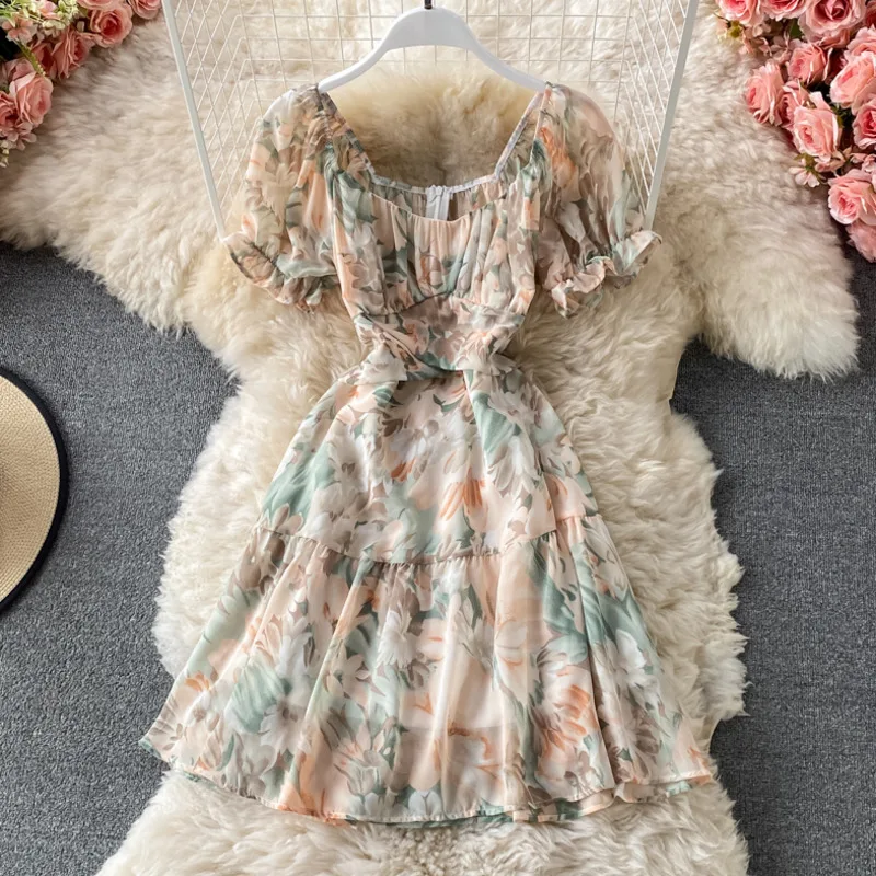 

Summer Dress Women Chic Holiday Dress Bow Round Neck Short Bubble Sleeve Slim A-line Cake Dress Floral Dress Sexy Party Dress