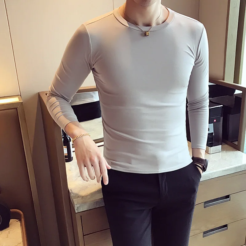 New Autumn Long-Sleeved T-shirt Tight Men's Korean-Style Slim-Fit Outerwear Trendy Solid Color Casual Black and White Bottoming