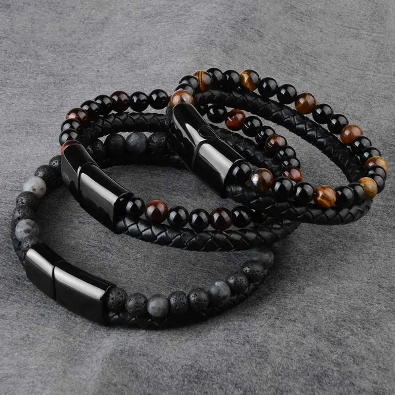 

Elastic Fashion Men's Natural PU. Leather Woven Bracelet Tiger Eye Bracelet; Holiday Gift For Boyfriend, Father And Husband