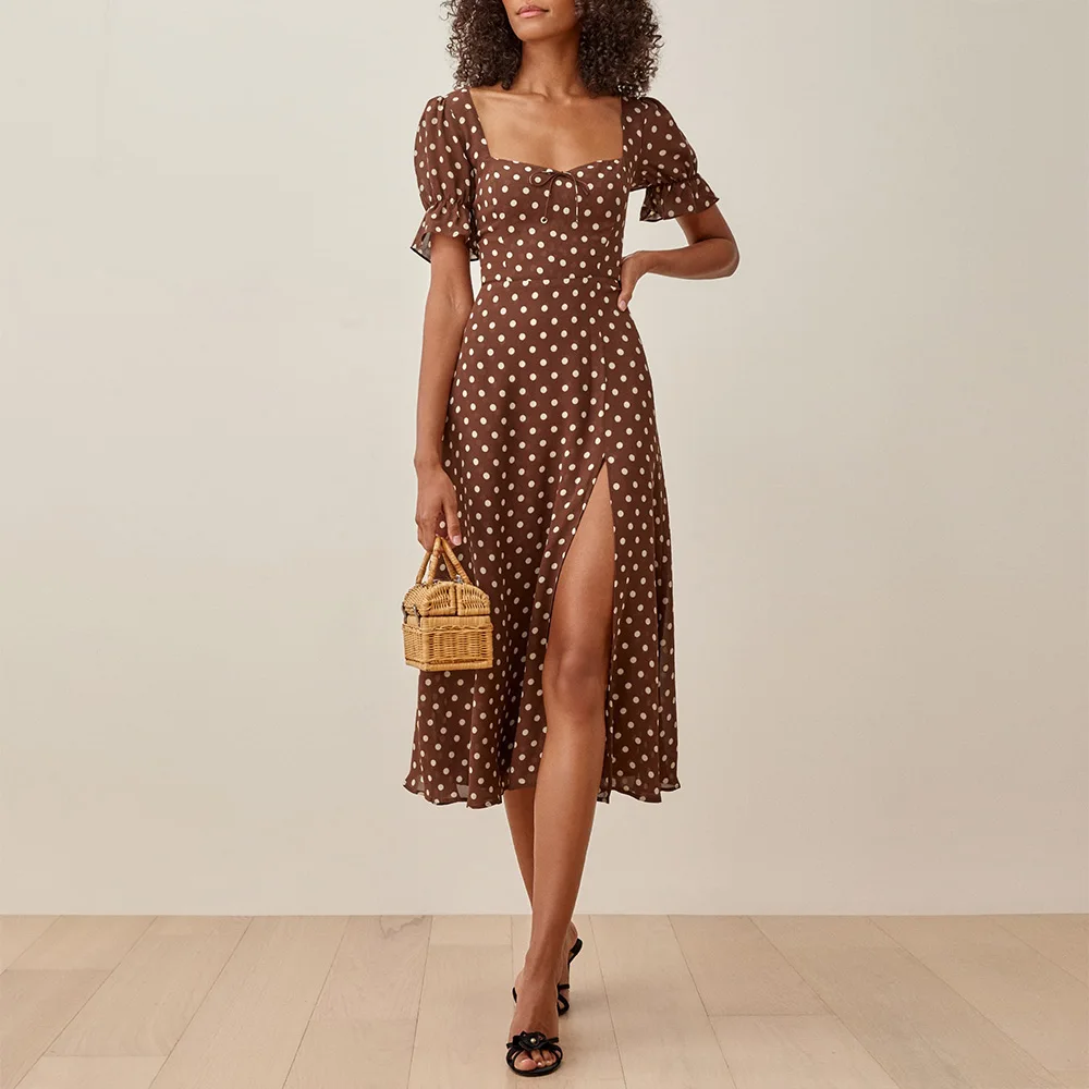 

Polka Dot Dress Women Summer Ruffle Short Puff Sleeve Elegant Vintage Midi Dress With Slit Sweetheart Neck Bow Tie Chiffon Dress