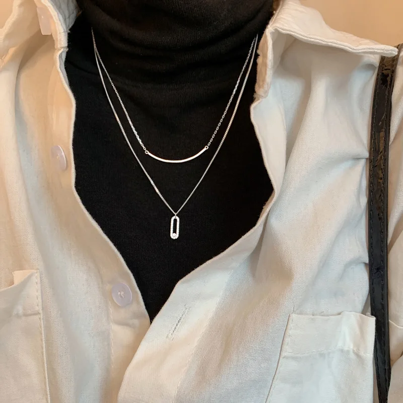 

MEYRROYU Silver Color New Trendy Double-layer Design Geometric Smile Line Necklace Simple Exquisite Jewelry Accessories Gift