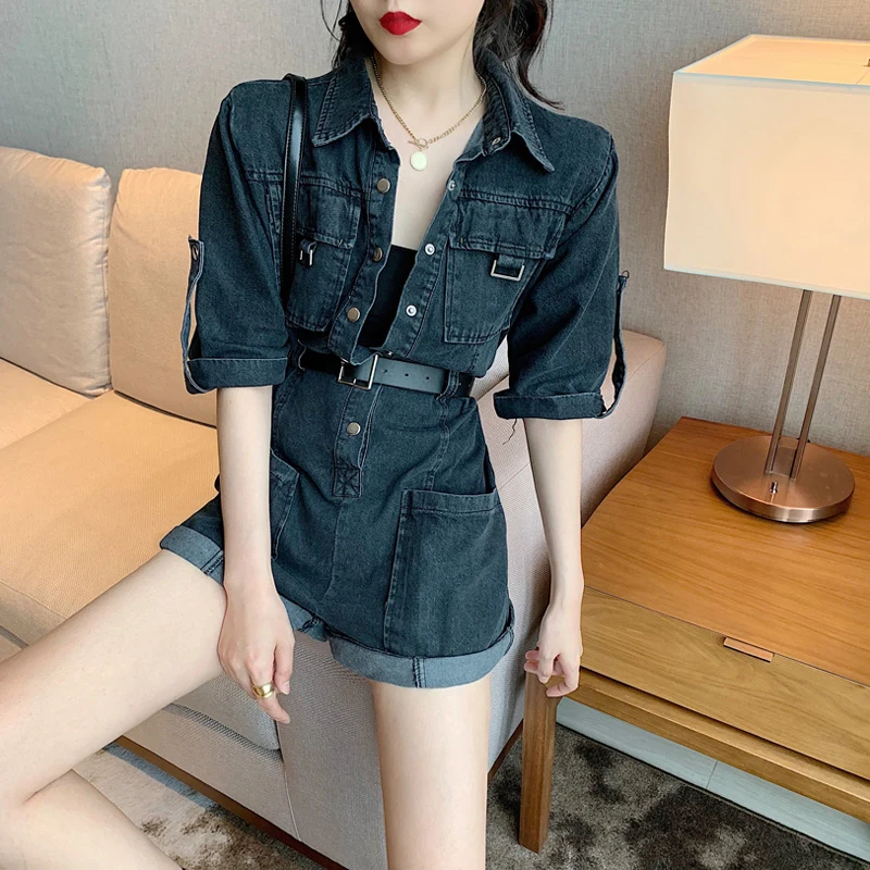 

Jeans Jumpsuits Women Summer 2021 High Waist Short Sleeve Overall Bodysuit Denim Shorts Wide Leg Casual Playsuit Denim Romper