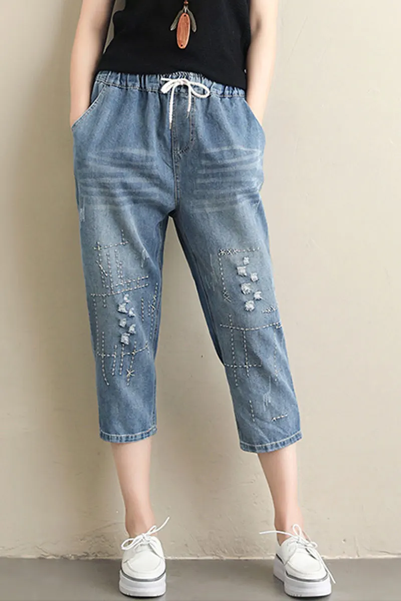 

Jeans women Creativity Bleached Elastic waist Vintage Casual Ripped Calf-length pants Streetwear fabric DM001