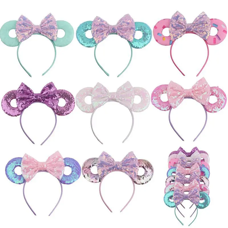 24 Style Hair Accessories Minnie Mouse Ear Headband Doughnut Bow For Girls Women Sequin Birthday Party Hairband | Тематическая