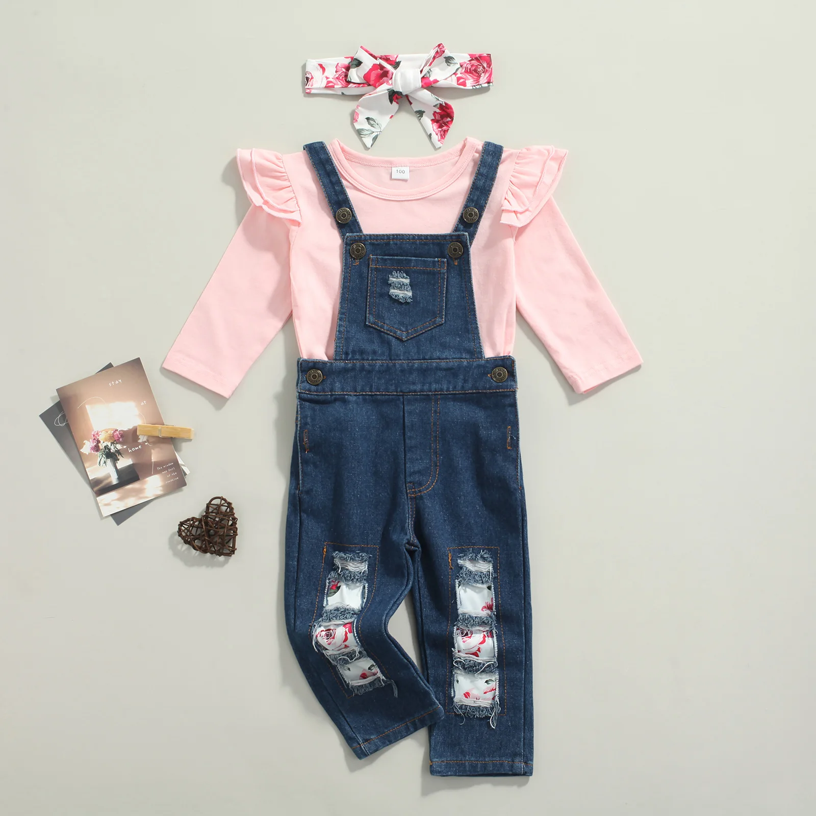 

Toddler Baby Girl 3PCS Clothes Ruffle Long Sleeve T-Shirt Top Ripped Denim Suspender Pants Outfit Sets with Bow Headband