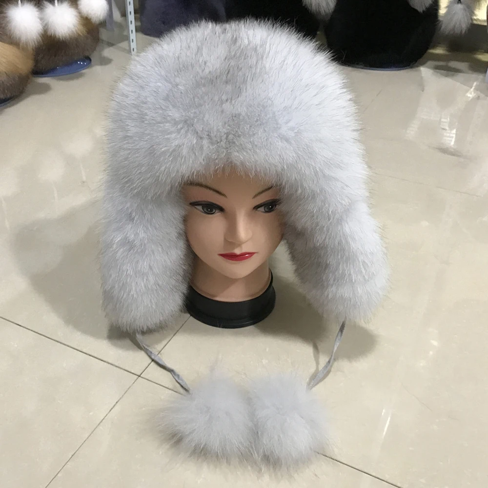 Зимняя теплая шапка бомбер из натурального Лисьего меха женские пушистые шапки