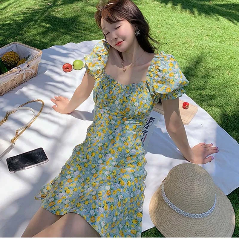 

2021 Summer Floral Bohemia Dress Women French Sweet Elegant Fairy Style Dress Casual Korean Style Clothes Vintage Retro Dresse`s