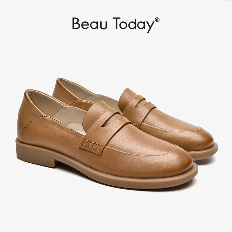 

Women Leather Loafers Sheepskin Round Toe Slip On Sewing Design Penny Shoes Ladies Comfortable Flats Handmade BeauToday 27474