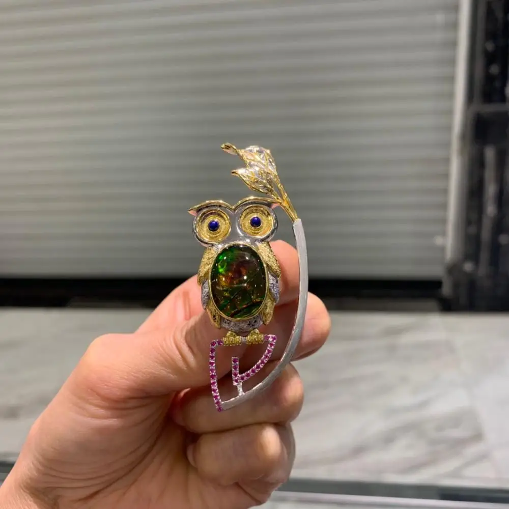 Брошь и кулон в виде аммолита совы из натурального камня унисекс ювелирное