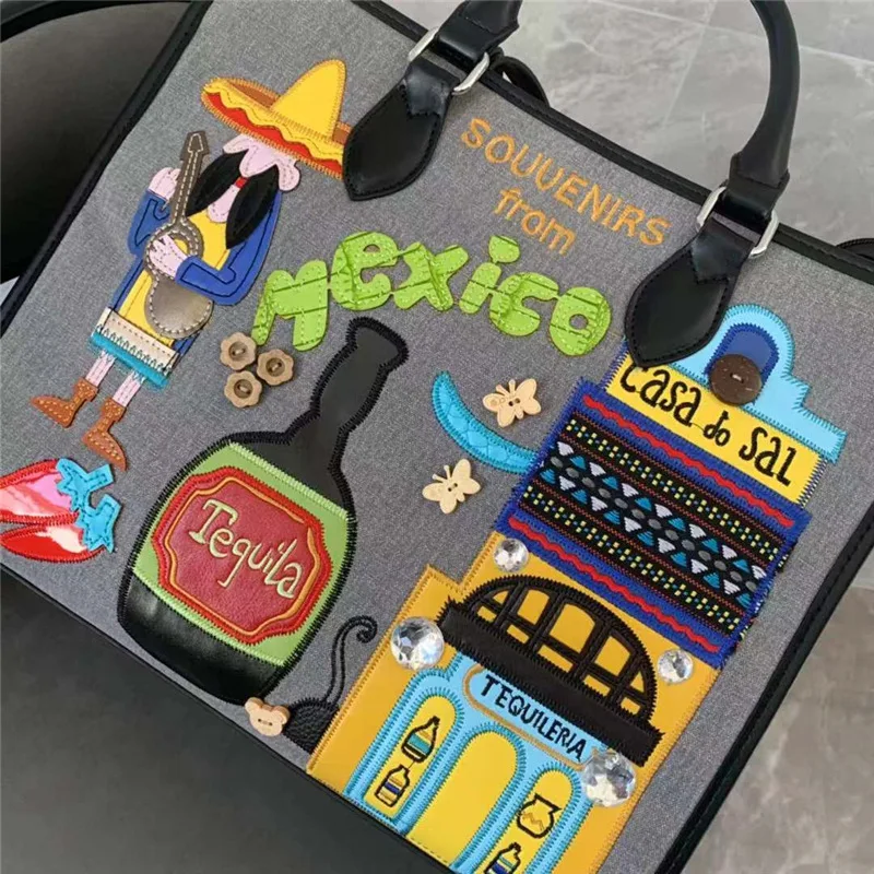 Women Bags Canvas Patchwork Embroidery Purse Shoulder Bags Handbag Tote Braccialini Style Handmade Art Cartoon Mexican Souvenirs