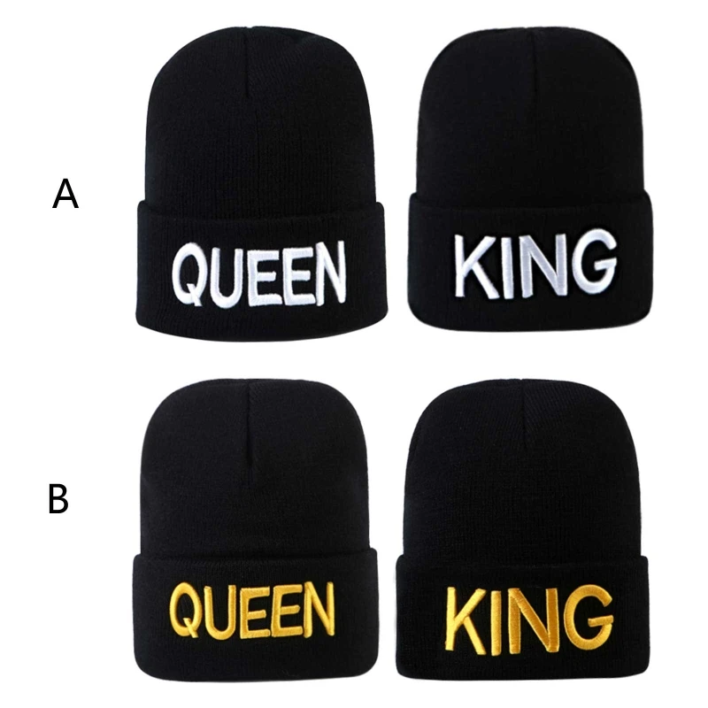 

2 Pcs Couple Wool Hat King/ Queen Knitted Hat Daily Wear All-match for Men Women