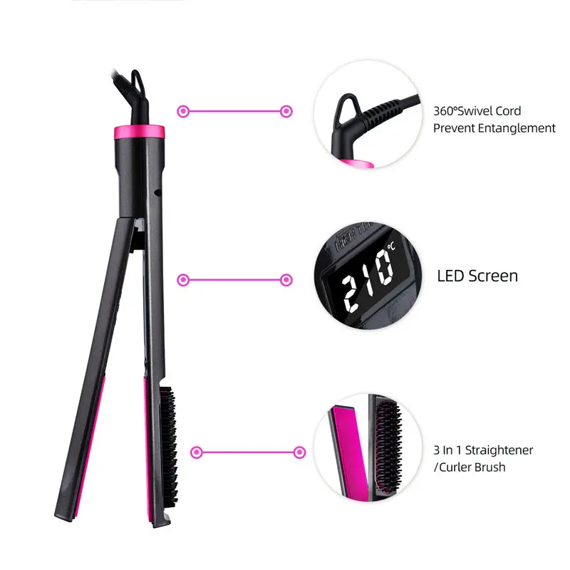 

3 in 1 Hair Straightening LED Display Curling Brush Electric Hair Curling Iorns Professional Beard Comb Hairdresser Styling Tool