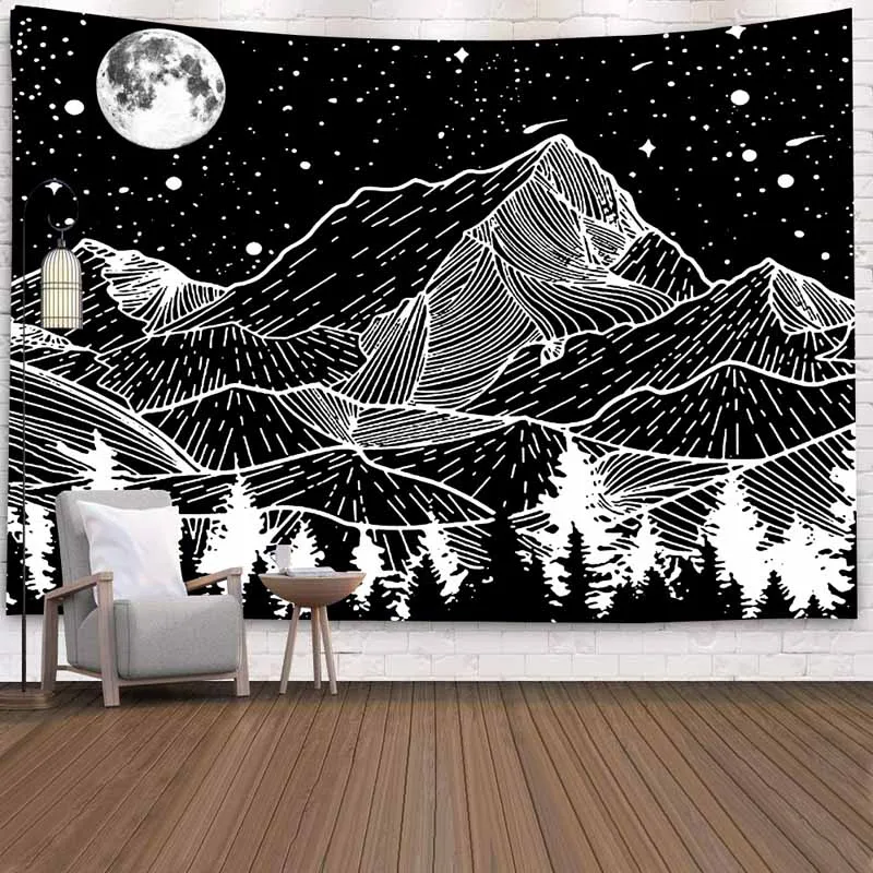 

Black White Forest Sun Mountain Tapestry Wall Hanging Hippie Wall Cloth Tapestry Backdrop Decor Psychedelic Tapestry Wall Carpet