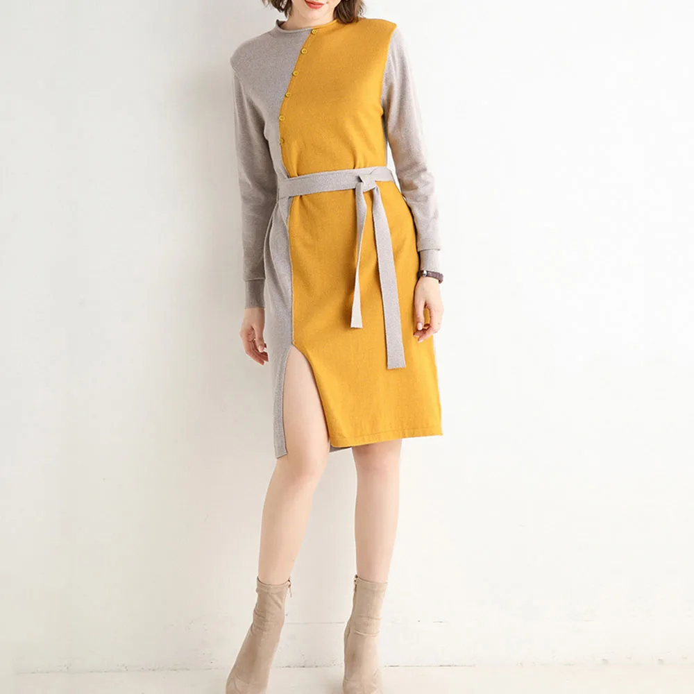 Осенне зимнее трикотажное платье средней длины с сочетающимися цветами новинка