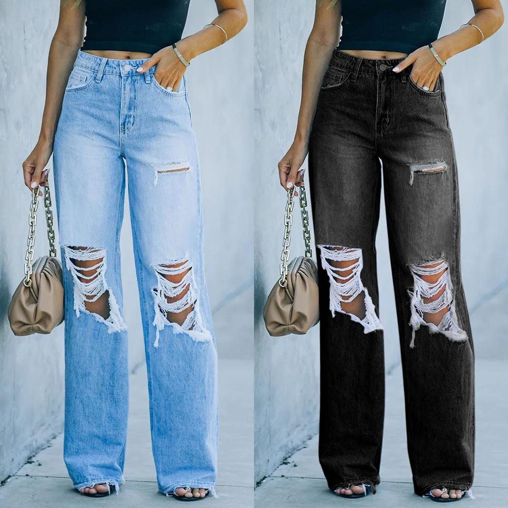 

Women's Trade New Hole Leisure Temperament Washed Denim Wide Leg Trousers Street Fashion