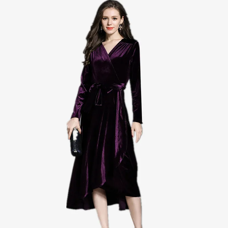 

Spring fashion elegant velour dress Autumn long sleeve deep V-neck sexy party dress Ukraine maxi velvet dress