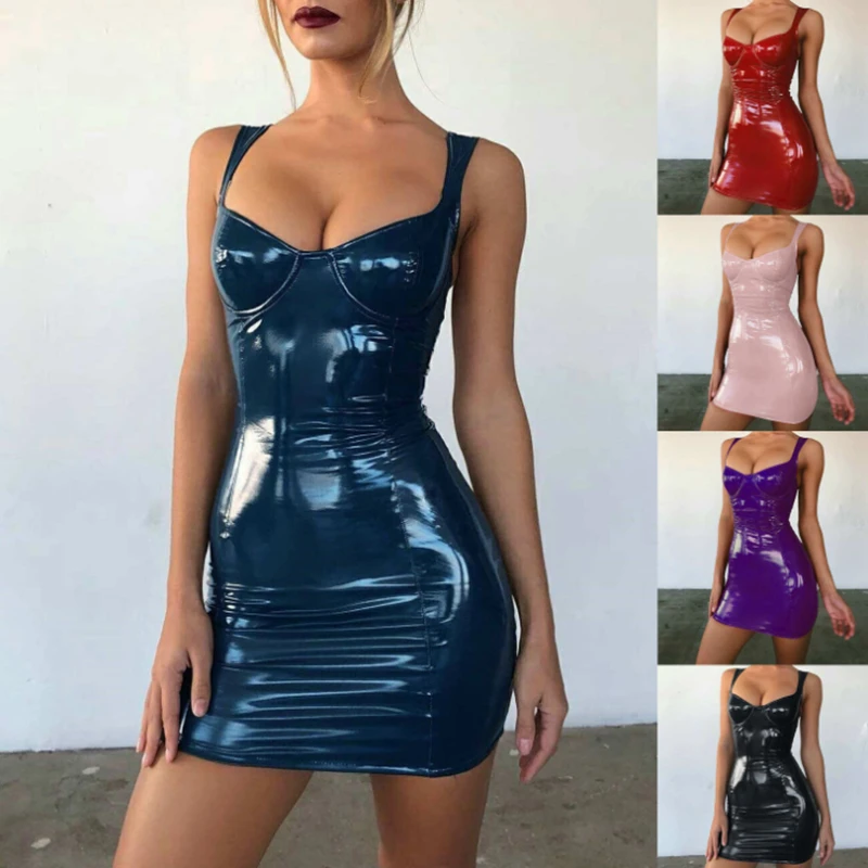 

Sexy Shiny PU Sling Waist Open Chest Open Backpack Hip Dress Skinny Club Holiday Birthday Party Cosplay Mini Dress Sheath Dress
