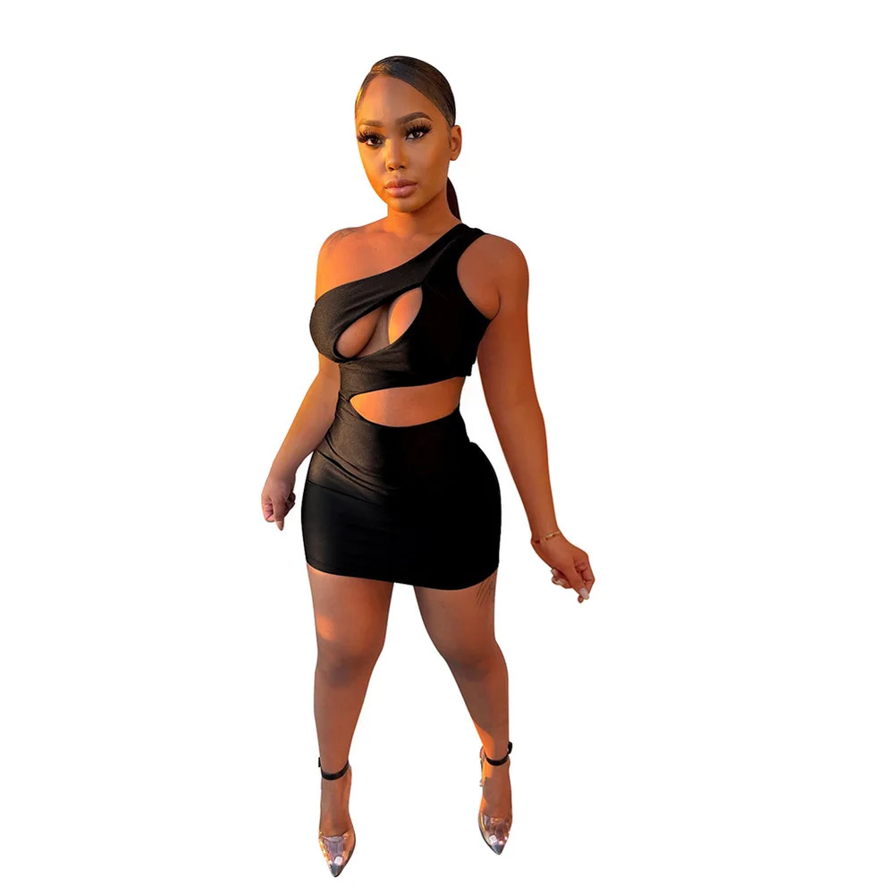 

Women Inclined Shoulder Sleeveless Bandage Mini Dress Cut Out Hole Backless Bodycon Dresses Summer Black Birthday Party Dress