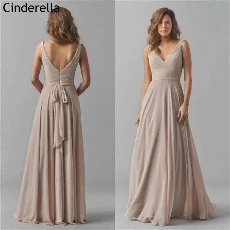 Элегантное платье цвета шампанского с v образным вырезом без рукавов