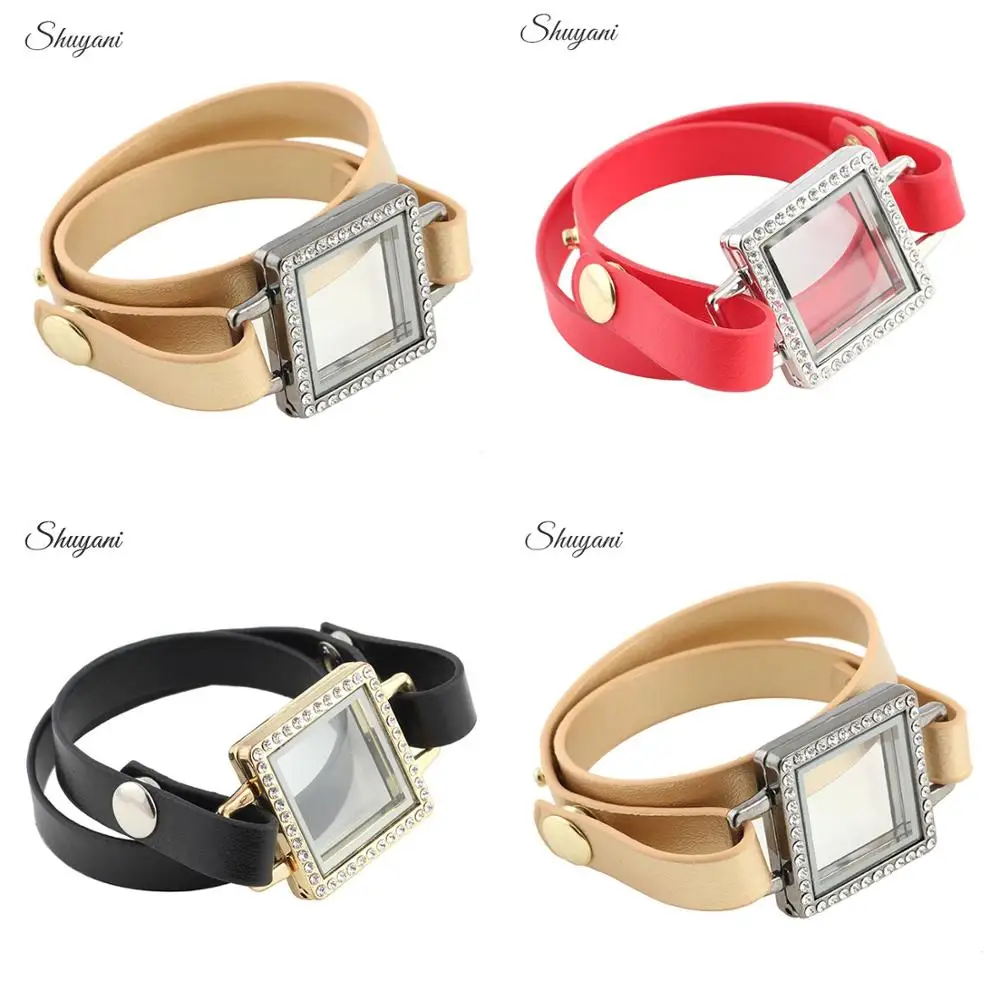 

5pcs/lot Fashion Wrap Genuine Leather Bracelet With Rhinestone Glass Living Memory Charm Locket Bracelet Women Men