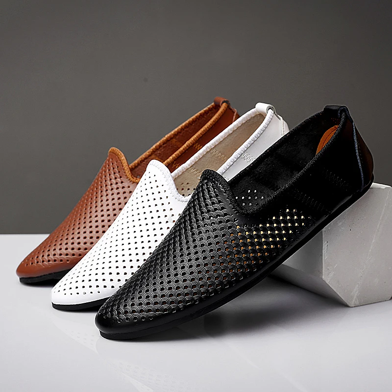 

Лоферы мужские/женские с перфорацией, кожаные дышащие, повседневная обувь для вождения, без застежки, плоская подошва, Мокасины, лето