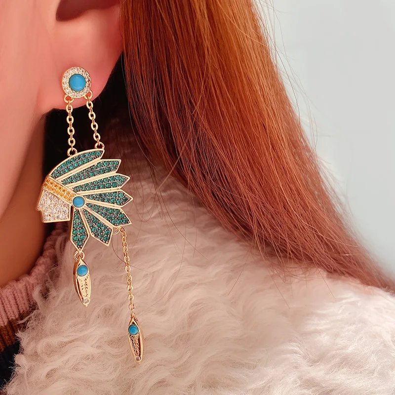 

Linmouge Ethnic Indians Pendant Earrings For Women Green Cubic Zircon Fashion Personality Tassel Trendy Fine Jewelry Gifts FE78