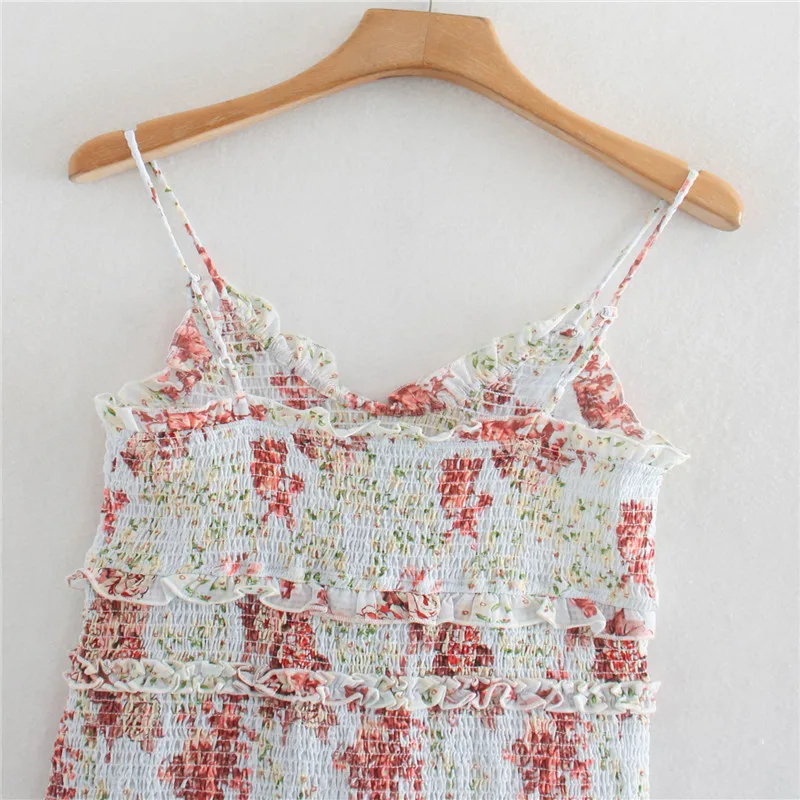 

ZA 2020 Print Mini Summer Dress Women V-neck Adjustable Thin Straps Elastic Smocked Ruffle Hem Elegant Short Dresses