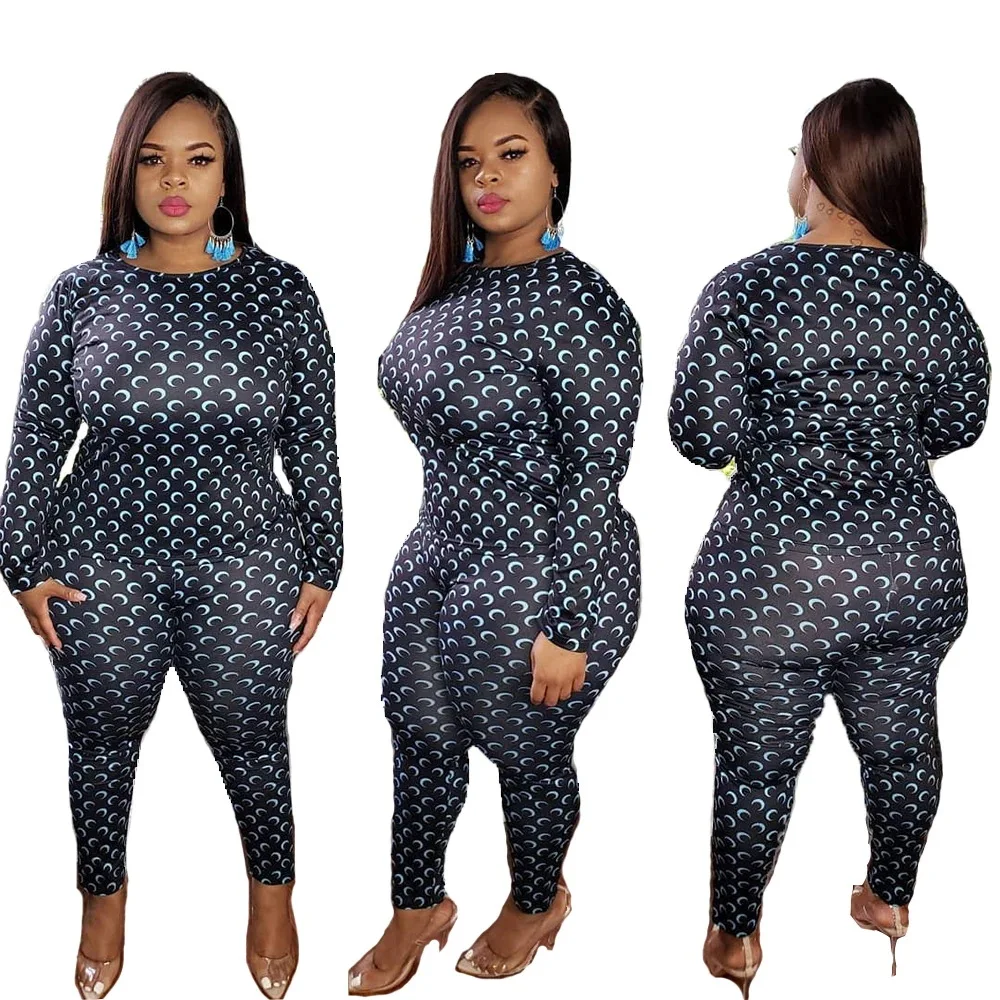 

Newest 2021 Women Tracksuit Fashion Moon Print Long Sleeves + Two Piece Trousers Set Nightclub Plus Size Xl-5XL The Real Picture
