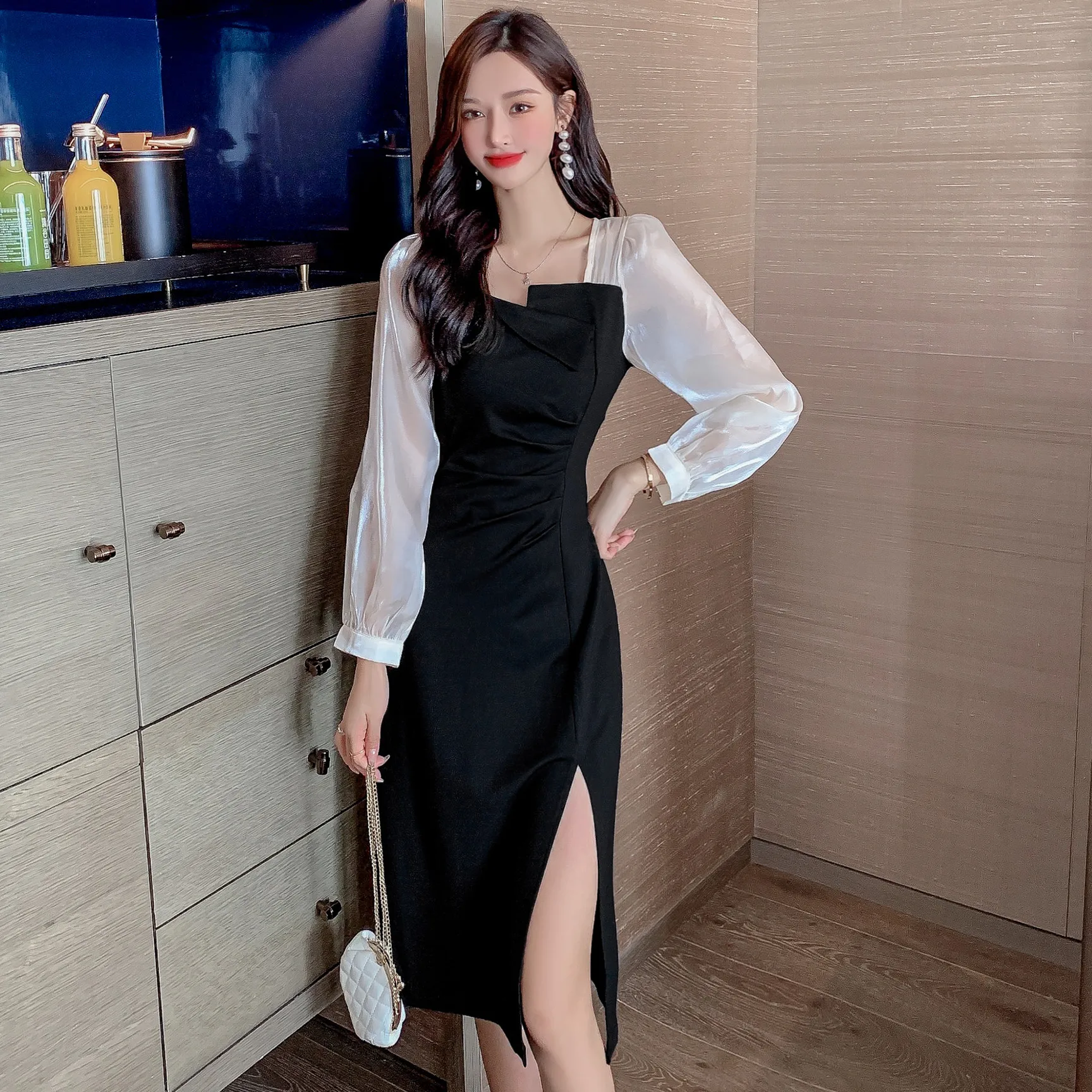 

Black Bodycon Mesh Sleeves Sexy Midi Dress Spring Autumn Casual Vintage Elegant Hepburn Vestido 2022 New Solid Office Lady Dress