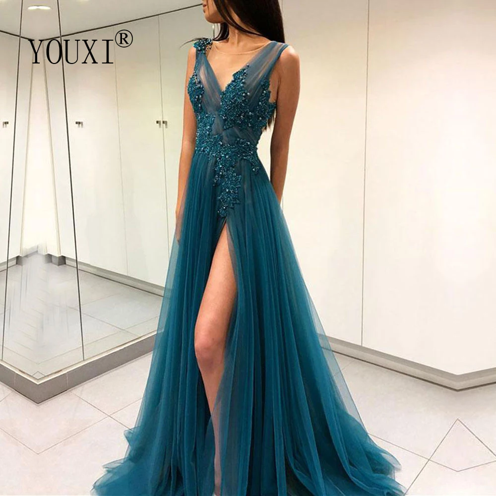 

Sexy Split V-Neck Evening Dress Long Luxury 2021 Appliqued Beaded Pearls Elegan Prom Dresses Backless Formal Gown robe de soiree