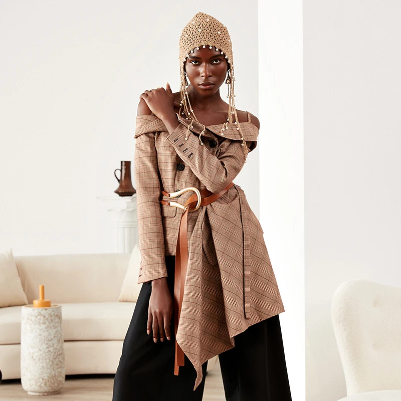 Женский клетчатый Блейзер TWOTWINSTYLE асимметричный блейзер с длинным рукавом и