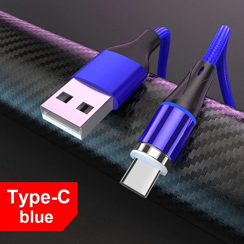 Blue For Type C ROCK 5A Магнитный кабель Micro Usb type C супер быстрая зарядка телефона Usb C светодиодный светильник для iPhone Xiaomi huawei Android Phone 1 м 2 м - Цвет: Blue For Type C