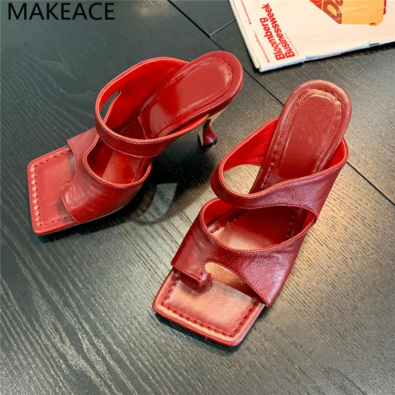 

Red Sexy Flip flops high heels gladiator Sandals Gold slippers women Summer Party Shoes Square toe high heel Slides Mules Shoes