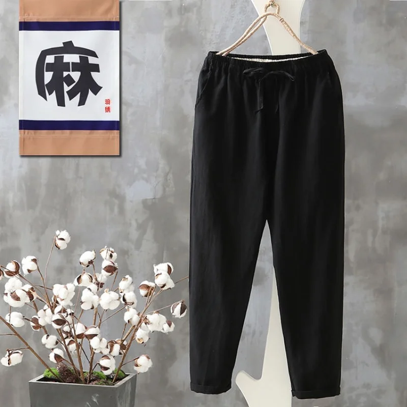 black Neploe осенние женские брюки Pantalon Femme хлопковые льняные шаровары, брюки больших размеров на шнурке, женские свободные повседневные штаны 54594 - Цвет: black