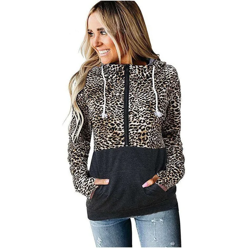 Half Zip Pullover Sweatshirt Women Drawstring Color Block Patchwork Hoodie Pocket Poleron 2021 Casual Wear Hoodie Leopard Print