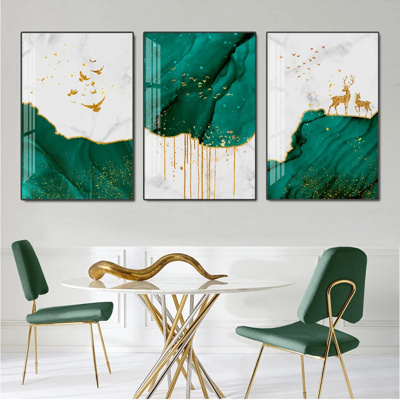

Green White Marble Abstract Picture Poster and Golden Deer Bird Prints Home Living Room Decoration Canvas Painting Wall Art