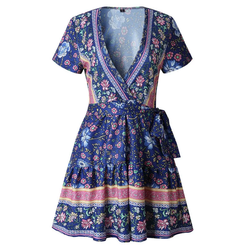 Bohemian Floral V Neck Ruffles Bandage Mini Dress Female 2019 Women Summer Short Sleeve Elegant Holiday Beach Sundress Vestidos | Женская