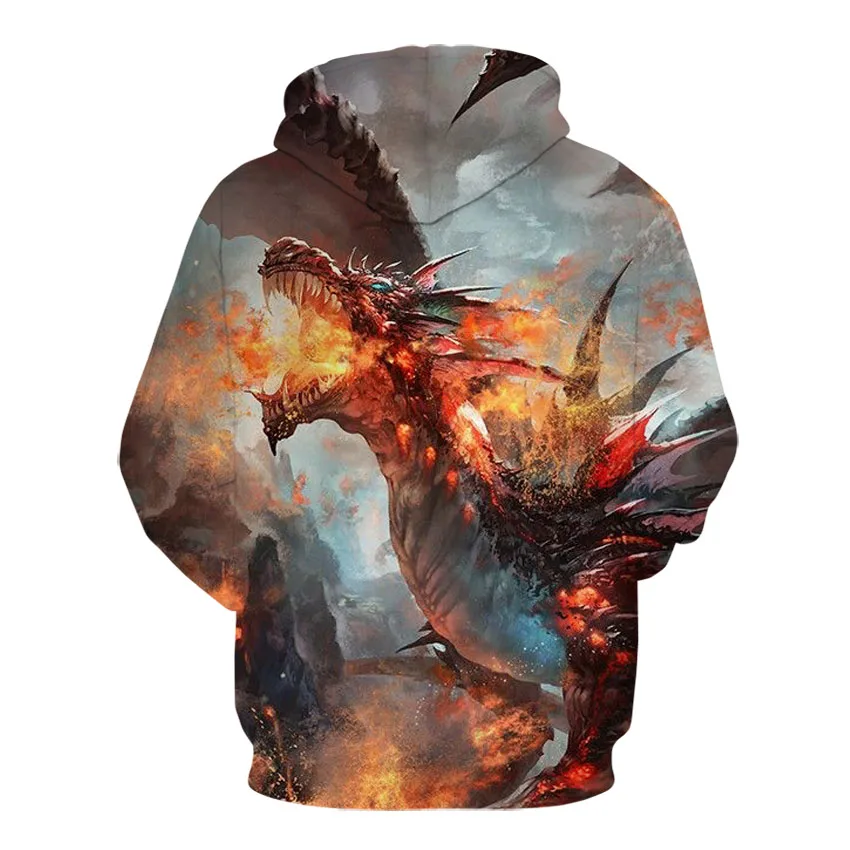 

New European and American fashion men's coat hoodie personality 3D huolong figure digital printing youth leisure hoodie for men