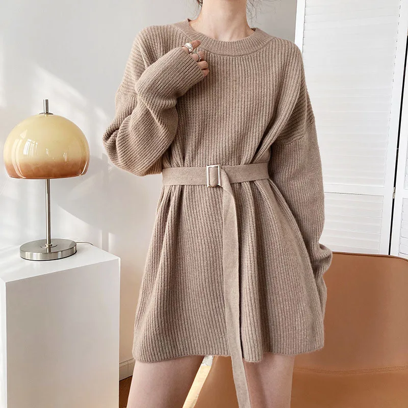 

Za Women's Dress Elegent Sweater Dresses Free Shpping Strip Belt 2022 Korean Fashion Casual Pullover Spring Women Clothing