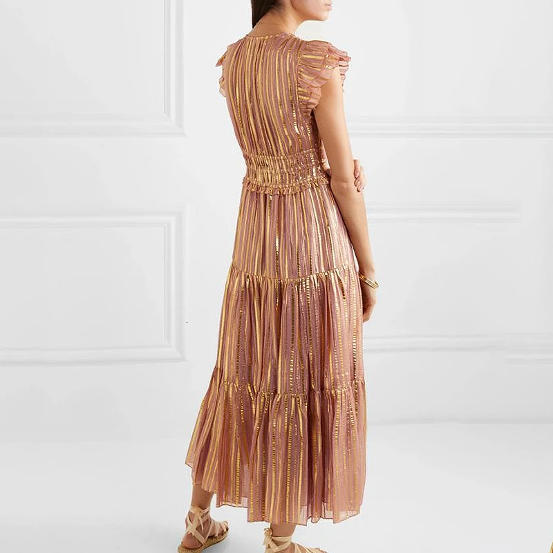 Женское Полосатое платье с оборками летнее металлическое средней длины высокой