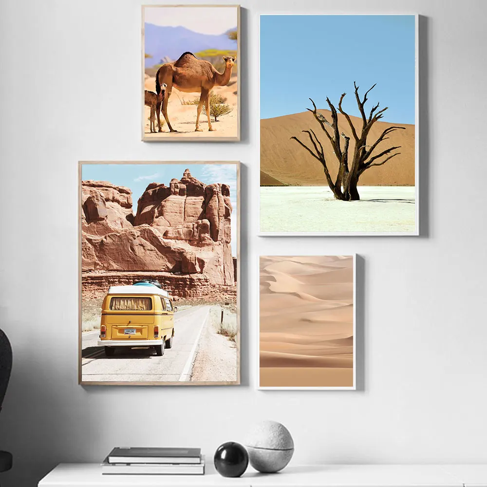 

Desert Camel Tree Bus Canvas Art Landscape Print Painting Posters Decoration Wall Pictures For Living Room Home Decoration