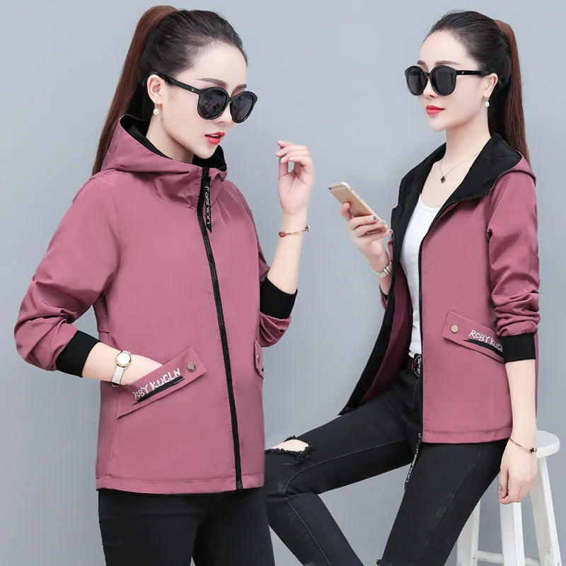 Женская Повседневная ветровка с капюшоном легкая осенняя куртка на молнии